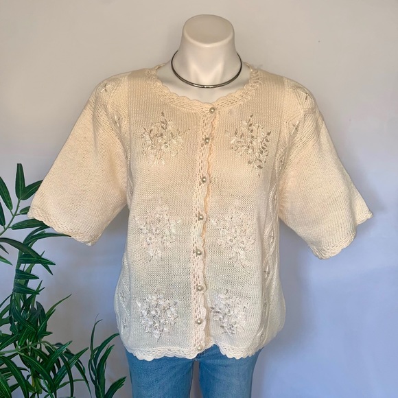 v i n t a g e :: Whimsy Floral Pearl Embroidered Granny Knit Cardigan - Picture 7 of 11